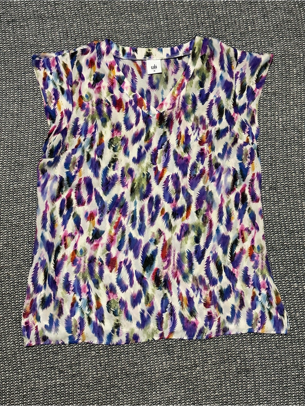 CAbi Multicolor Feather-Brush Leopard Print V-Neck Cap Sleeve Top